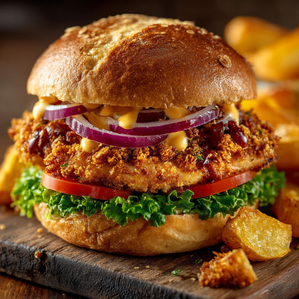 Une description de sandwich au poulet avec des légumes.