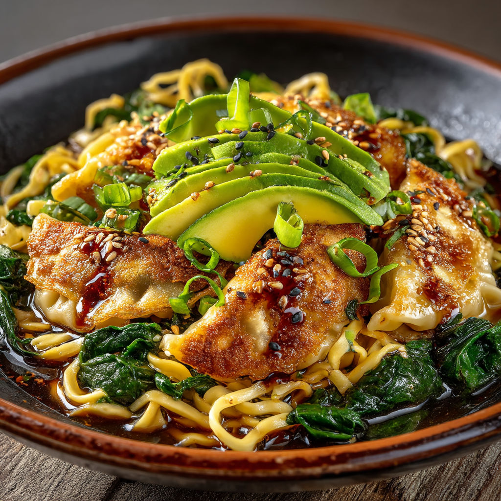 Nouilles sautées aux épinards & gyoza.