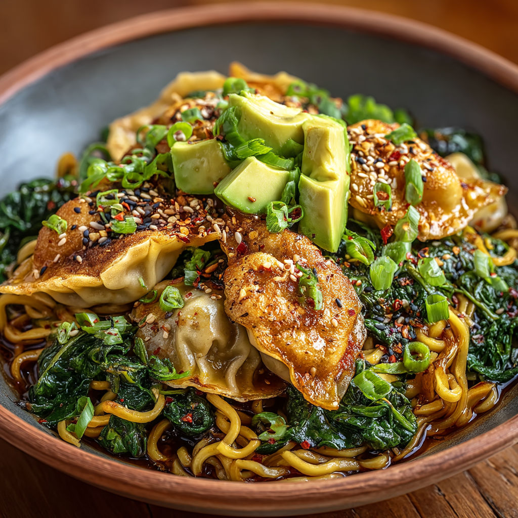 Une assiette de nourriture chinoise avec des légumes verts et des avocats.