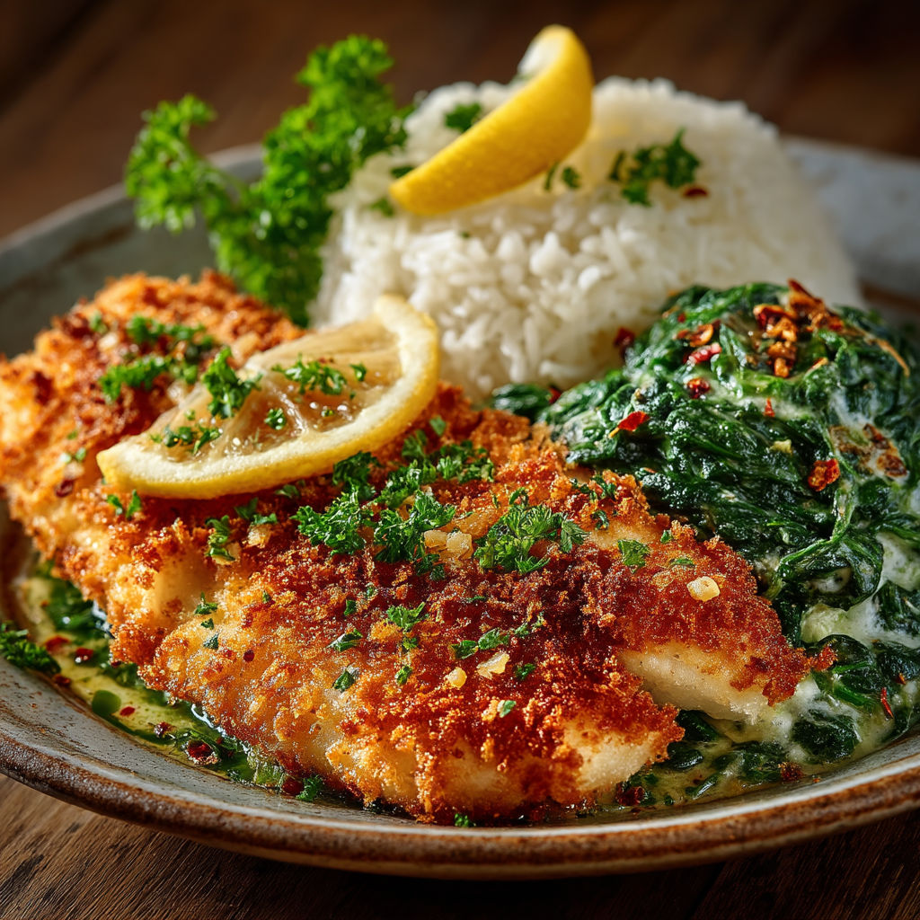 Un plat de poisson avec des légumes verts et des herbes.