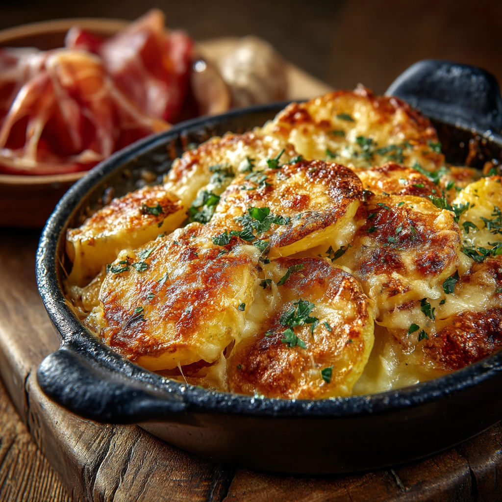 Une casserole de pommes de terre et de fromage.