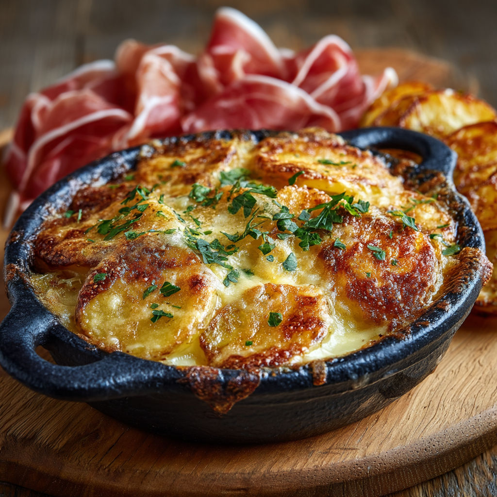 Une casserole de pommes de terre et de viande, avec des herbes et des légumes.
