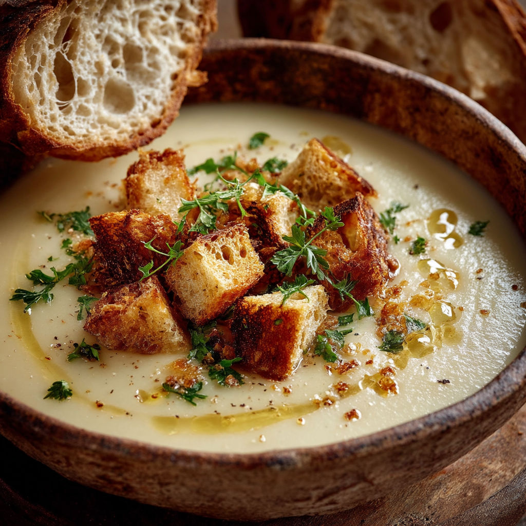 Une recette de potage parmentier avec des tranches de pain grillé.