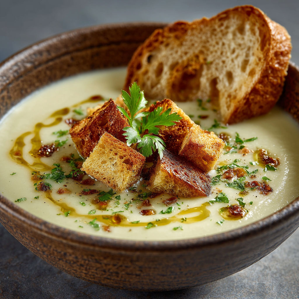 Une recette de potage parmentier avec des tranches de pain grillé.