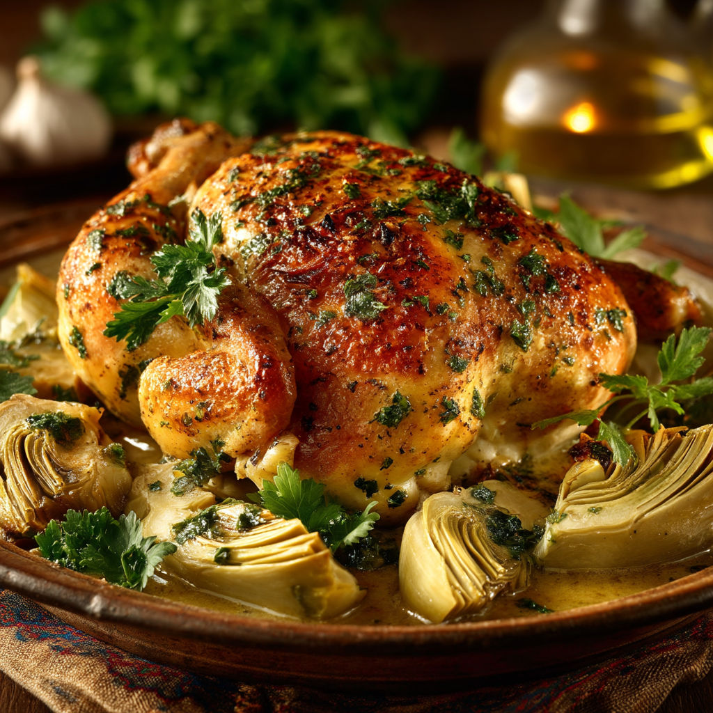 Un poulet rôti avec des légumes verts.