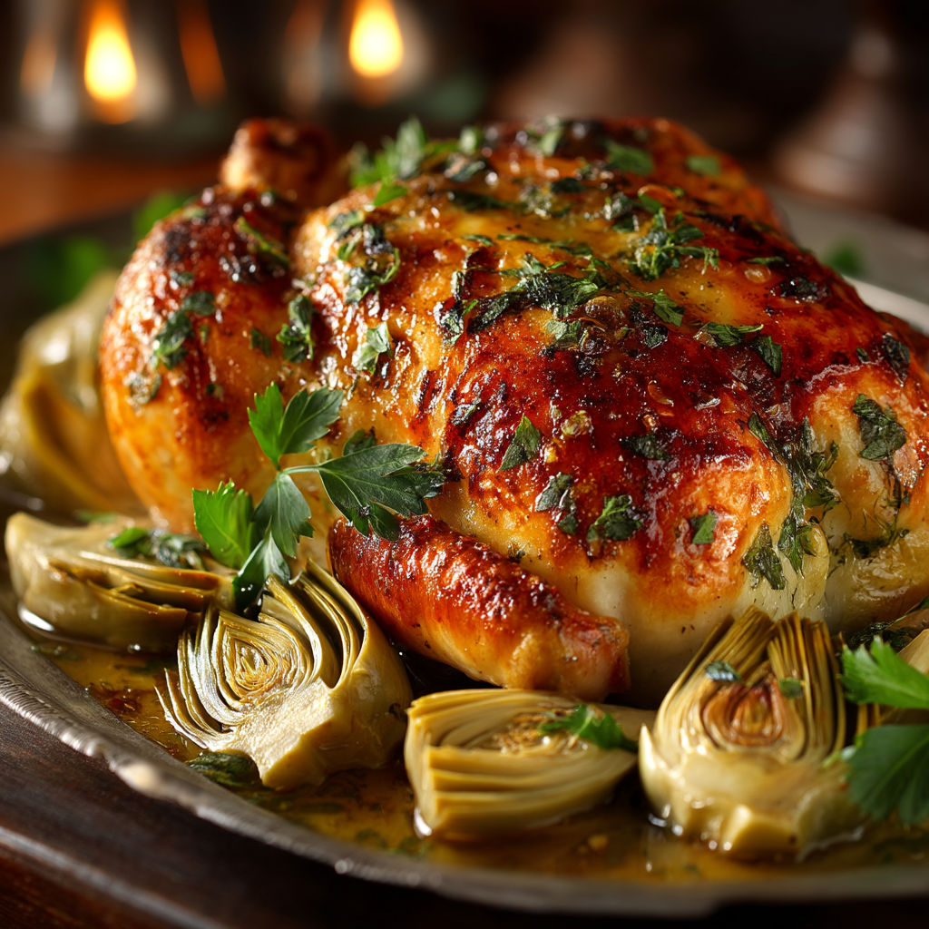 Un poulet grillé avec des légumes verts.