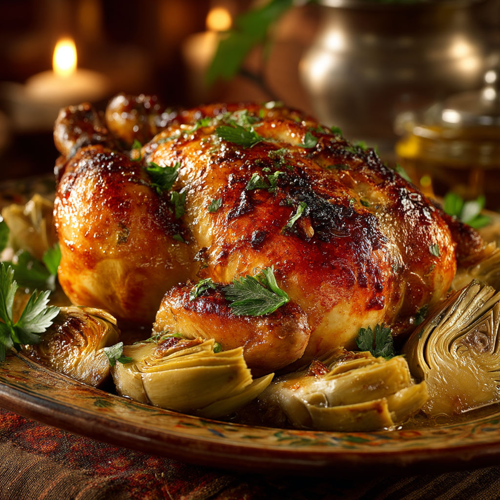 Une description détaillée d'un poulet grillé avec des légumes.