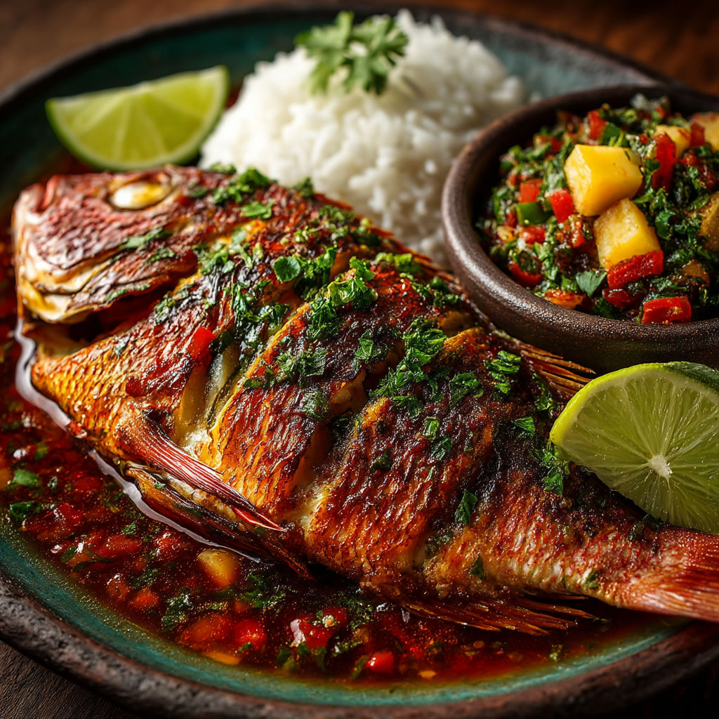 Poisson sauce chien avec riz et salsa.