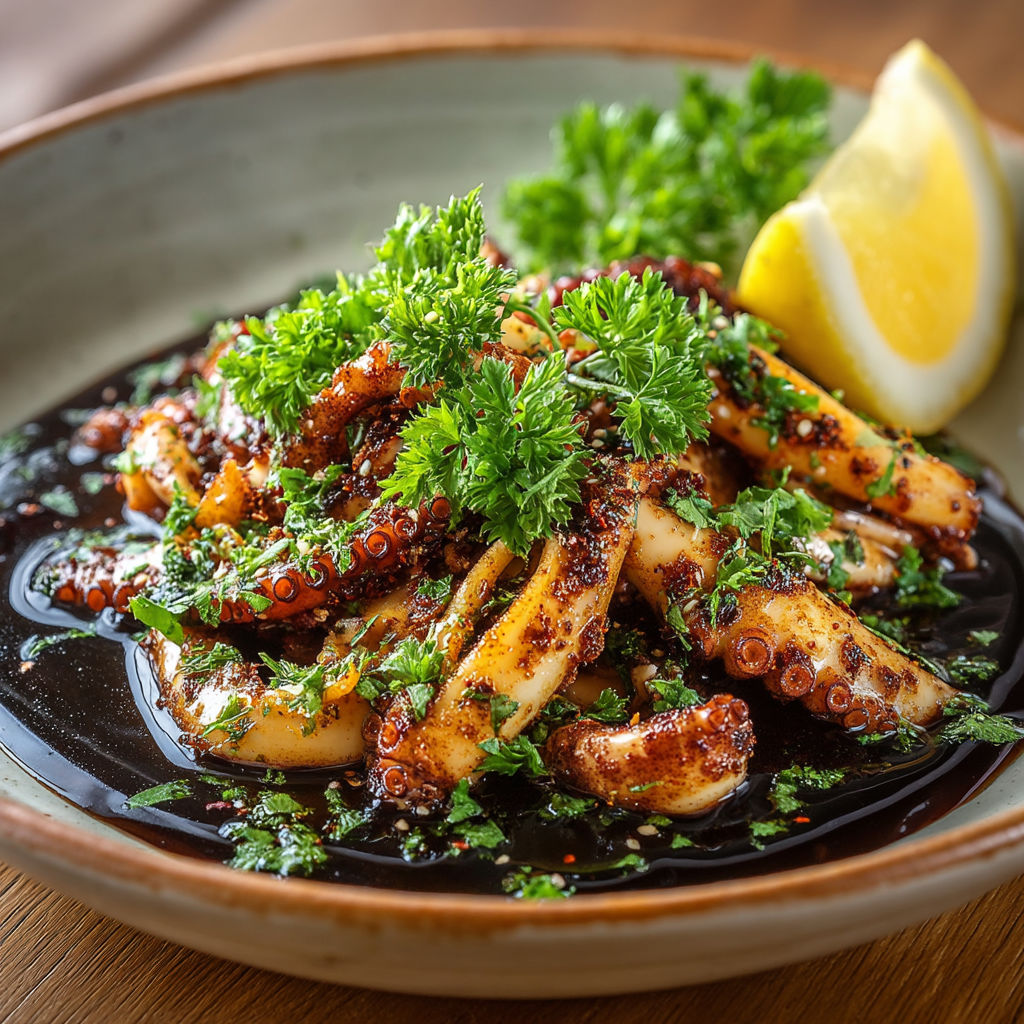Une assiette de poissons grillés avec des herbes et des légumes.