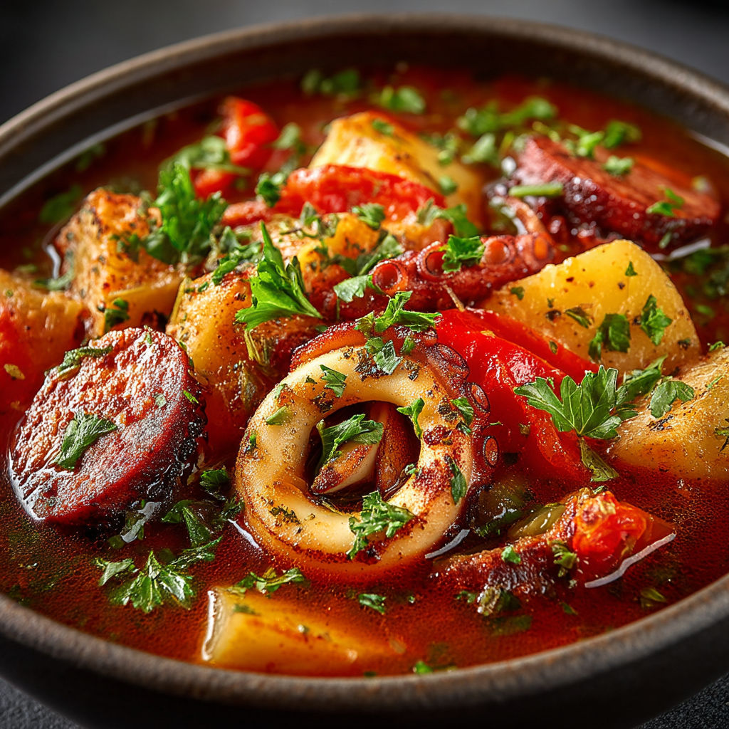 Une soupe chaude avec des légumes et des coquillages.