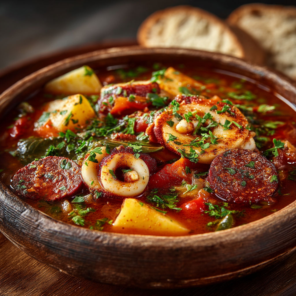 Une casserole de bouillon avec des légumes et des pains.