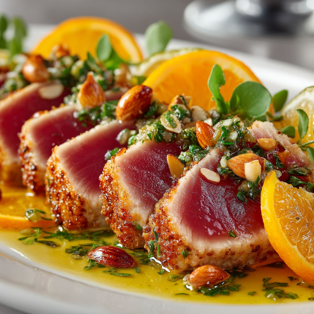 Thon snacké avec orange, câpres et amandes.