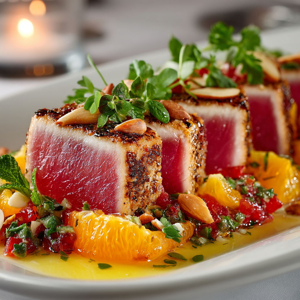 Un plat de poisson grillé avec des légumes et des noix.