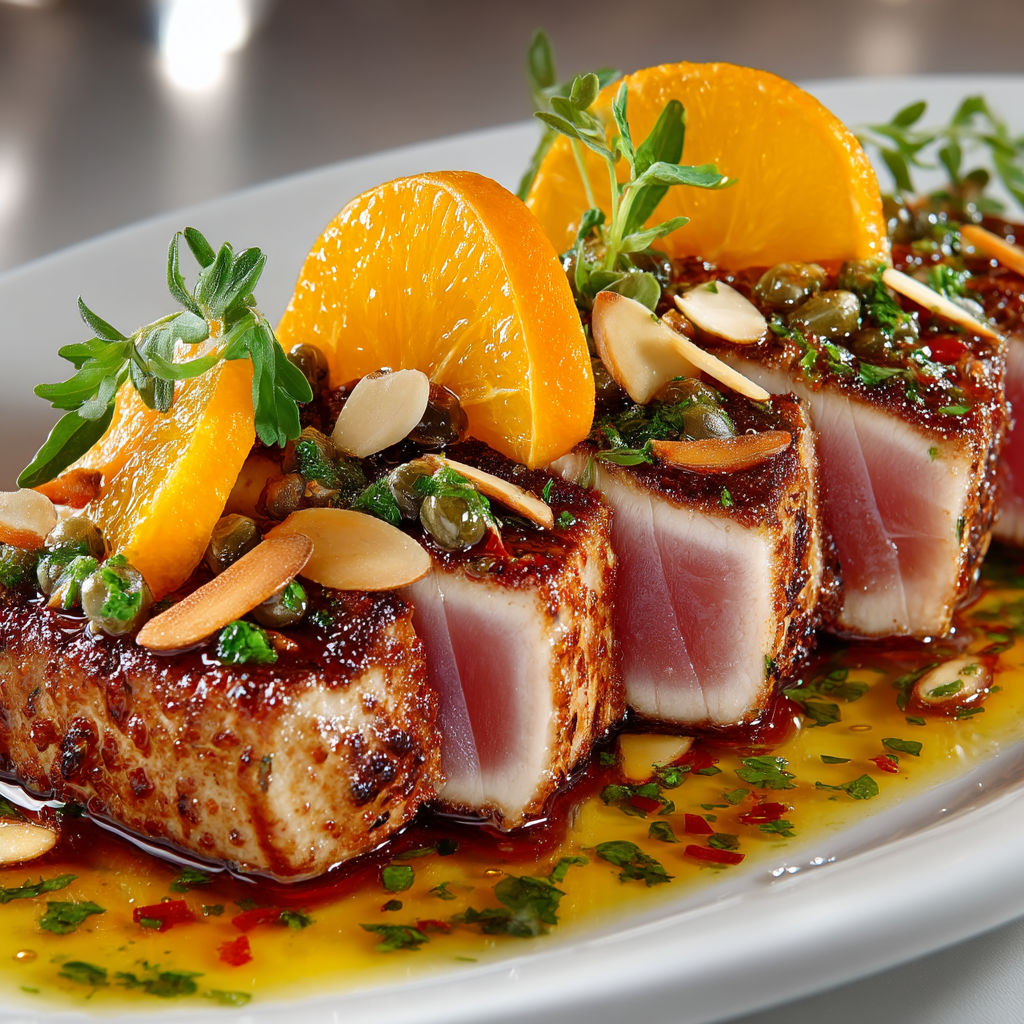 Un plat de poisson avec des oranges et des herbes.