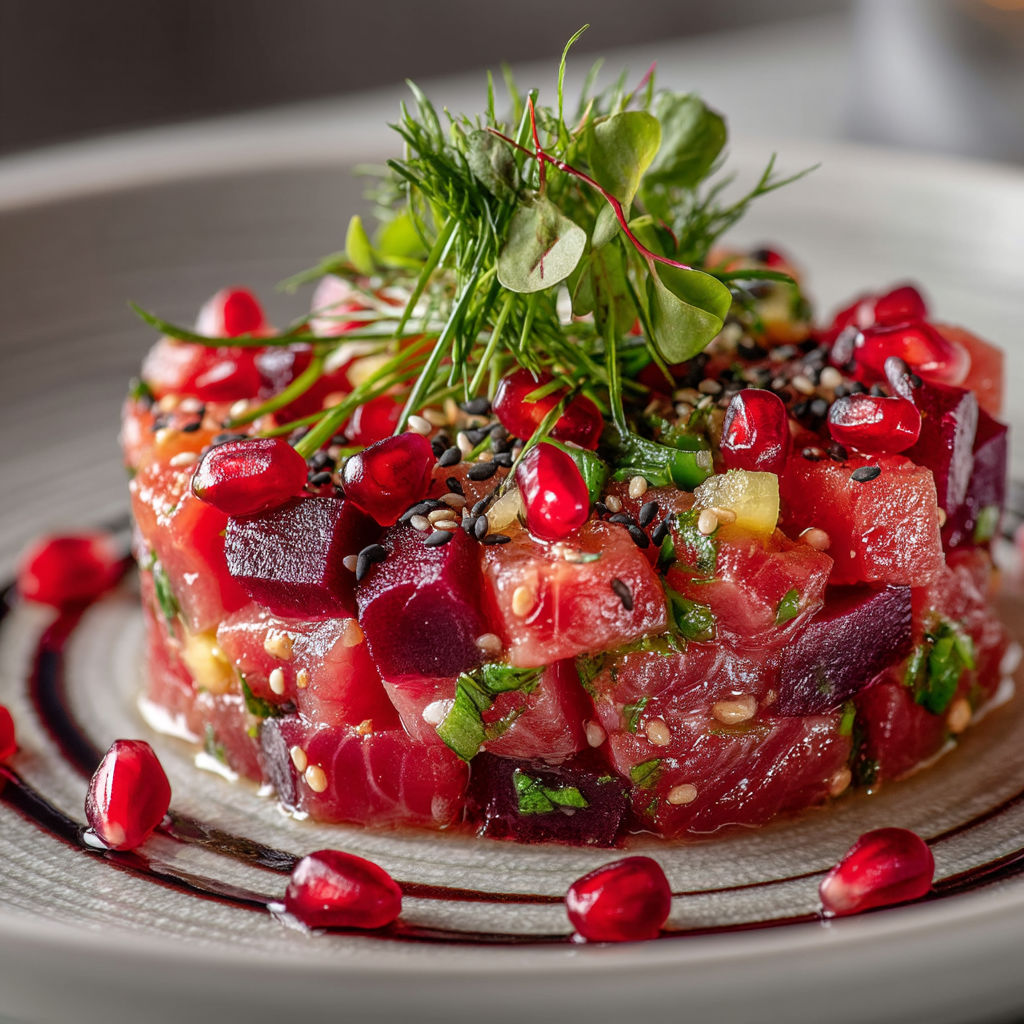 Tartare de thon avec des herbes et des raisins.
