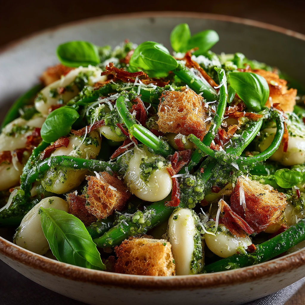 Une salade de mogettes au pesto dans un bol.