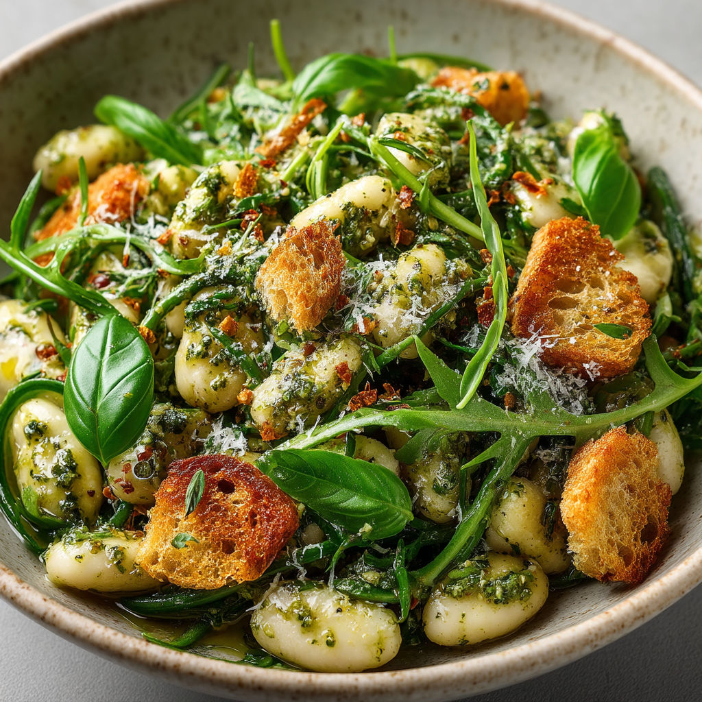 Une salade de mogettes au pesto dans un bol.