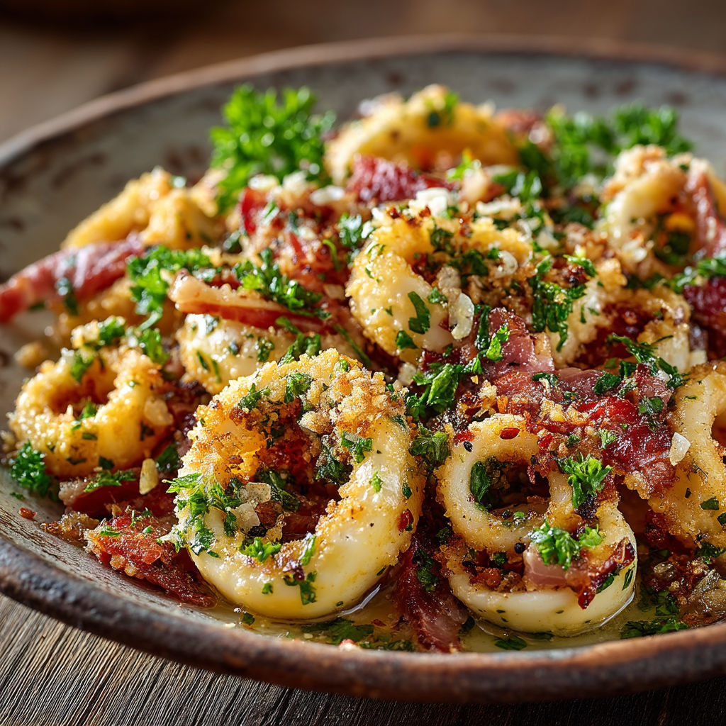Une assiette de spaghetti avec des herbes et des légumes.