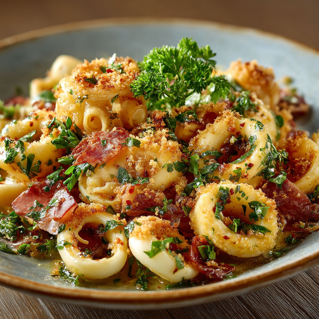 Une assiette de spaghetti avec des herbes et des légumes.