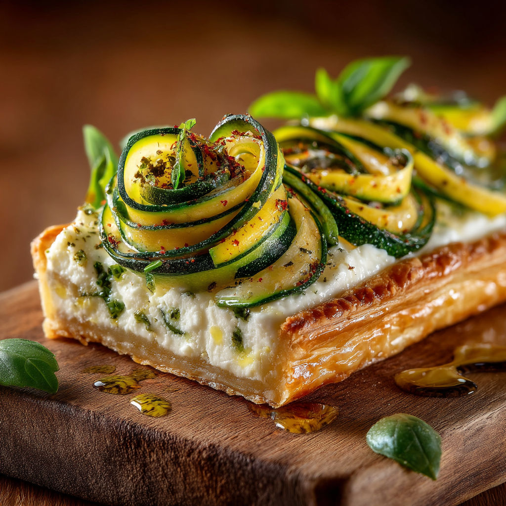 Une tarte fine aux courgettes sur une table.