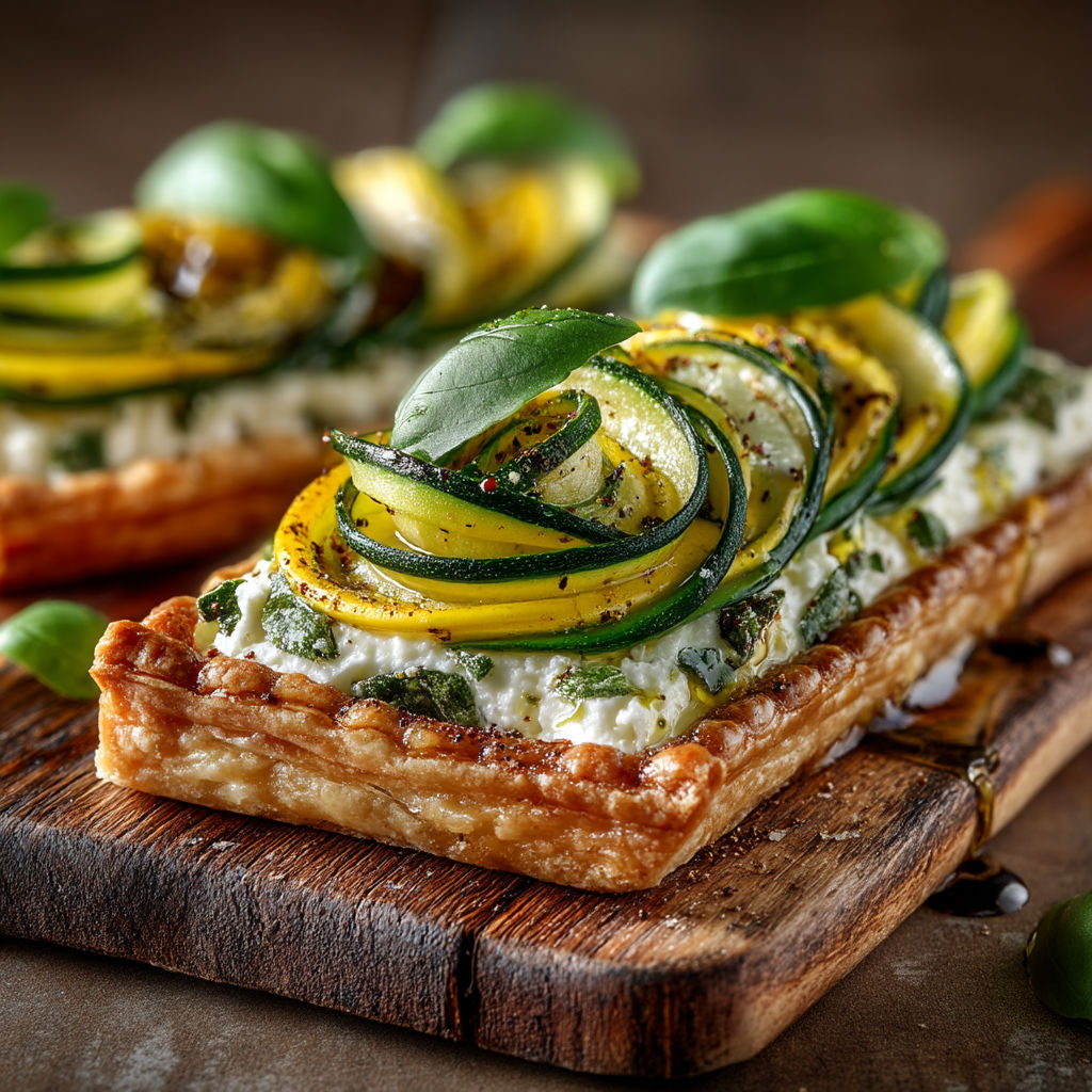 Une tarte fine aux courgettes sur une planche de bois.