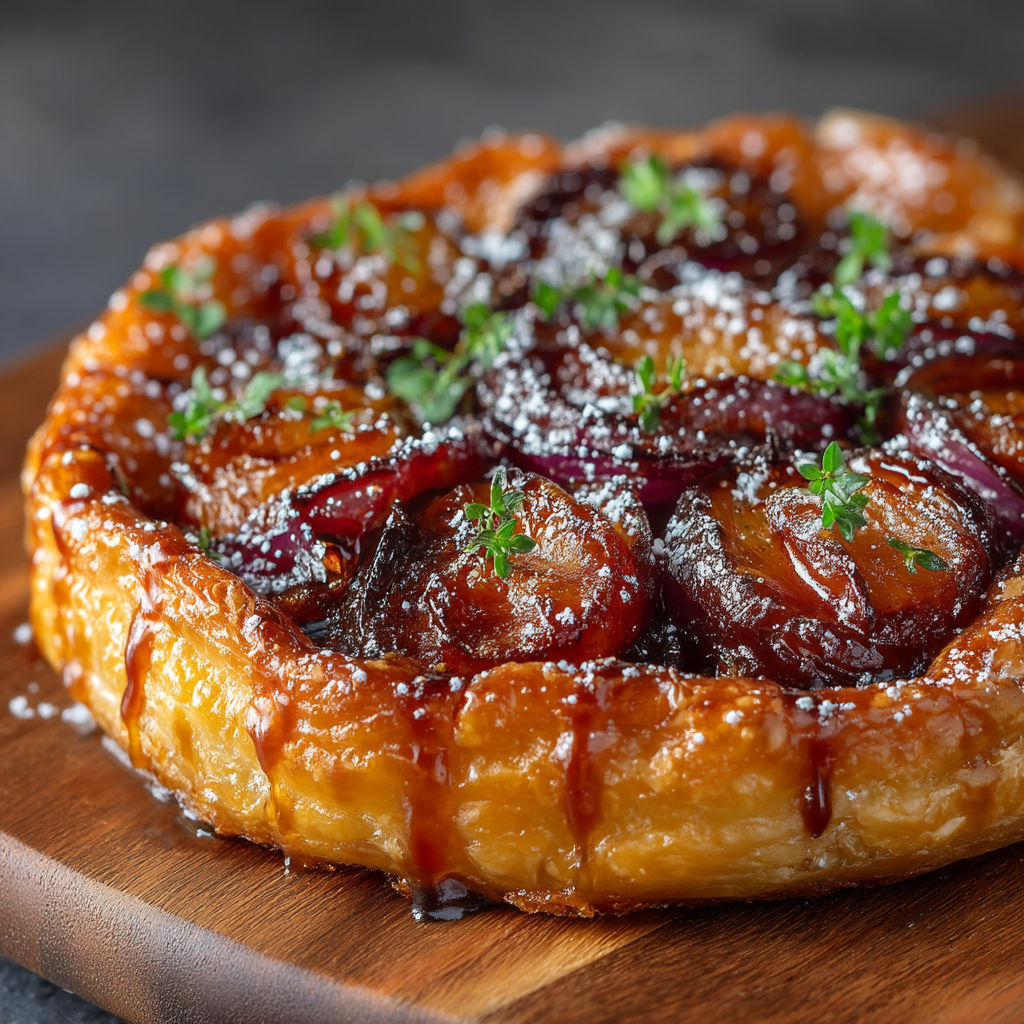 Une tarte aux pommes et épinards sur une table de bois.
