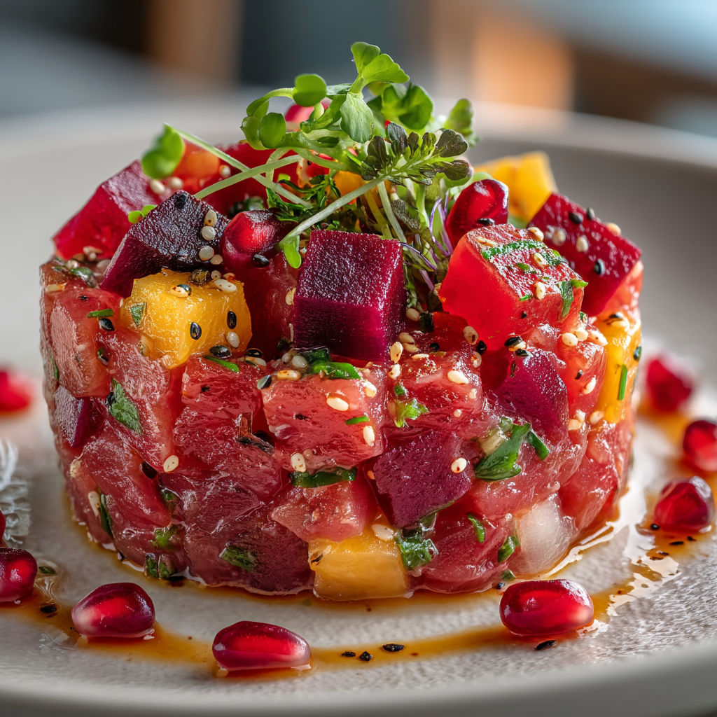 Tartare de thon avec des herbes et des fruits.