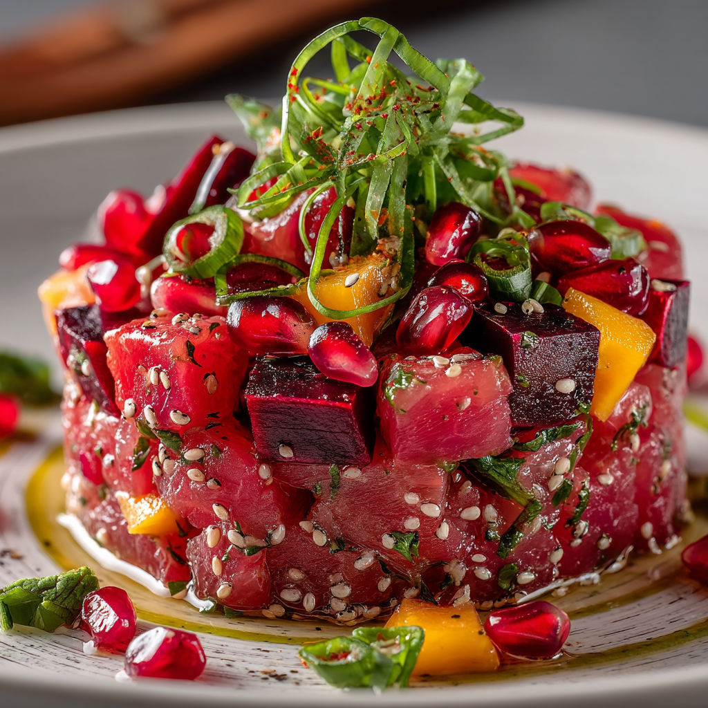 Tartare de thon avec des herbes et des tomates séchées.
