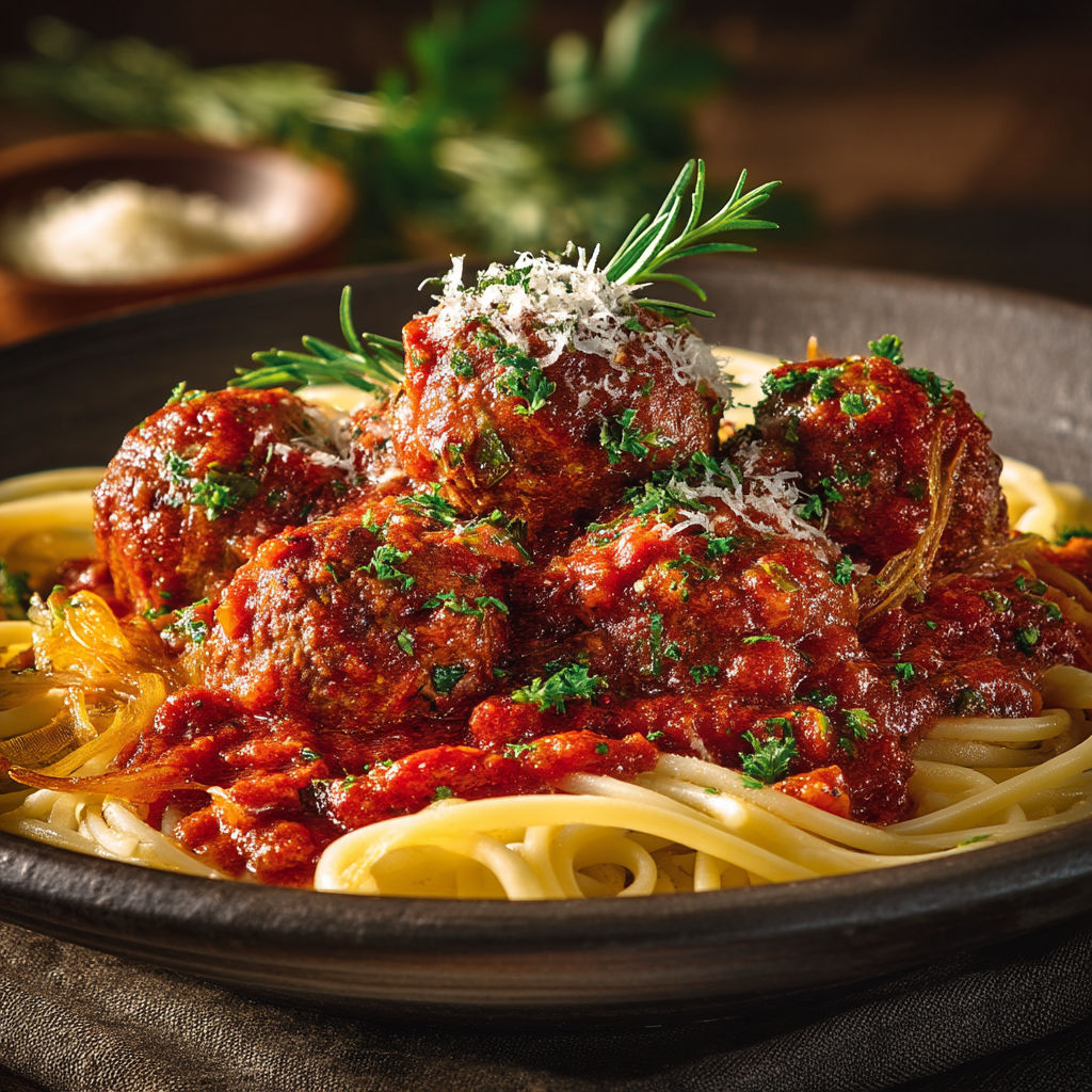 Une assiette de spaghetti avec des boulettes de viande tomate et herbes.