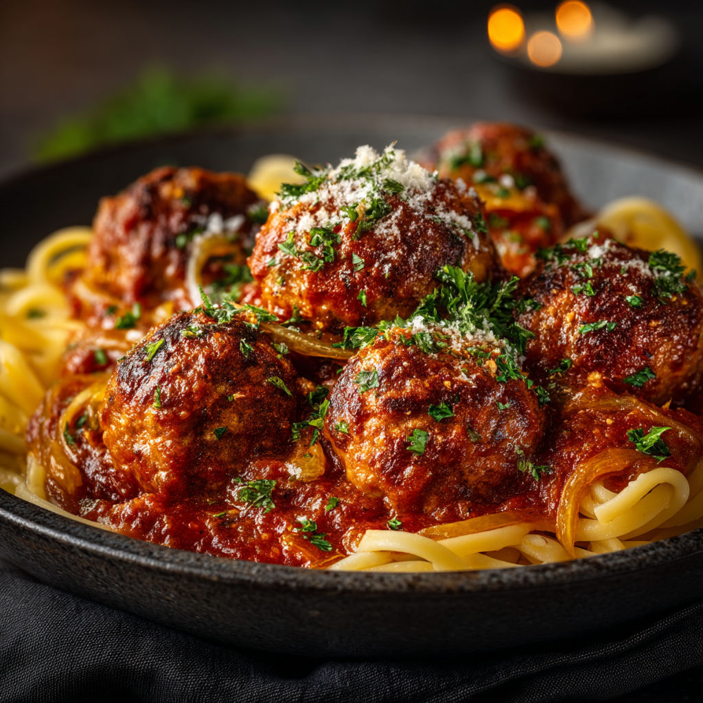 Une assiette de spaghetti avec des boulettes de viande et des herbes.