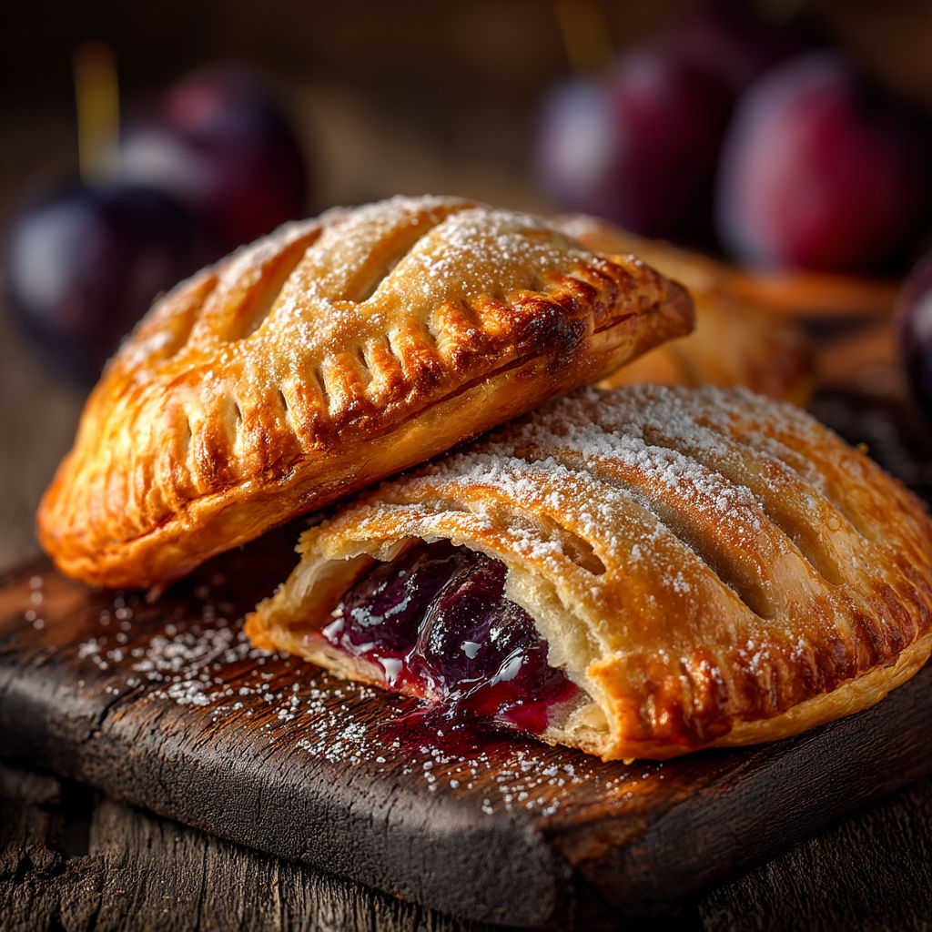 Chausson aux quetsches sur une planche de bois.