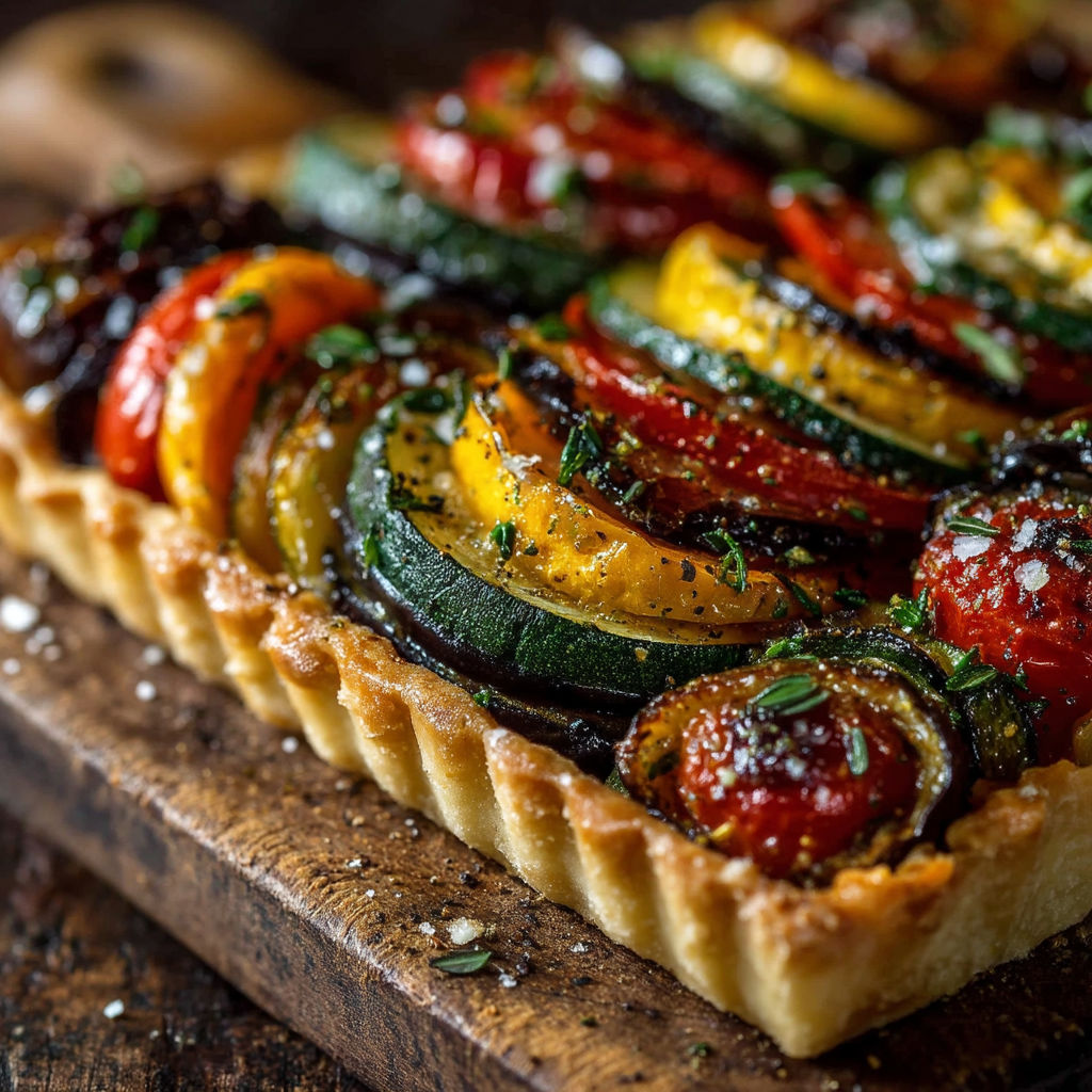 Une tarte aux légumes colorés, avec des tomates, des courgettes et des poivrons.
