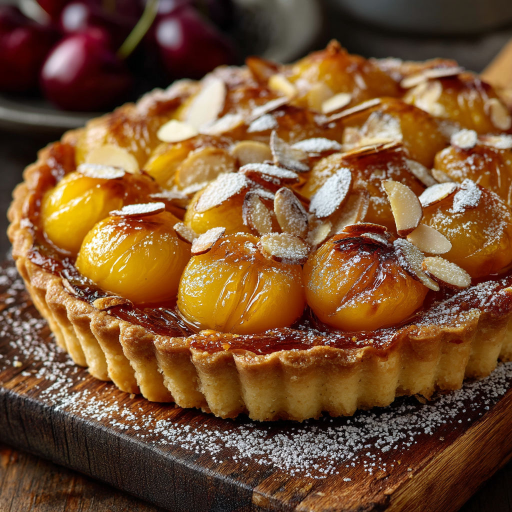 Une tarte aux mirabelles sur une planche de bois.