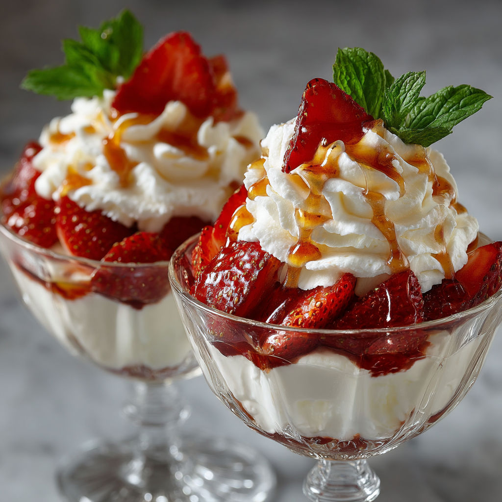 Desserts with strawberries and whipped cream.