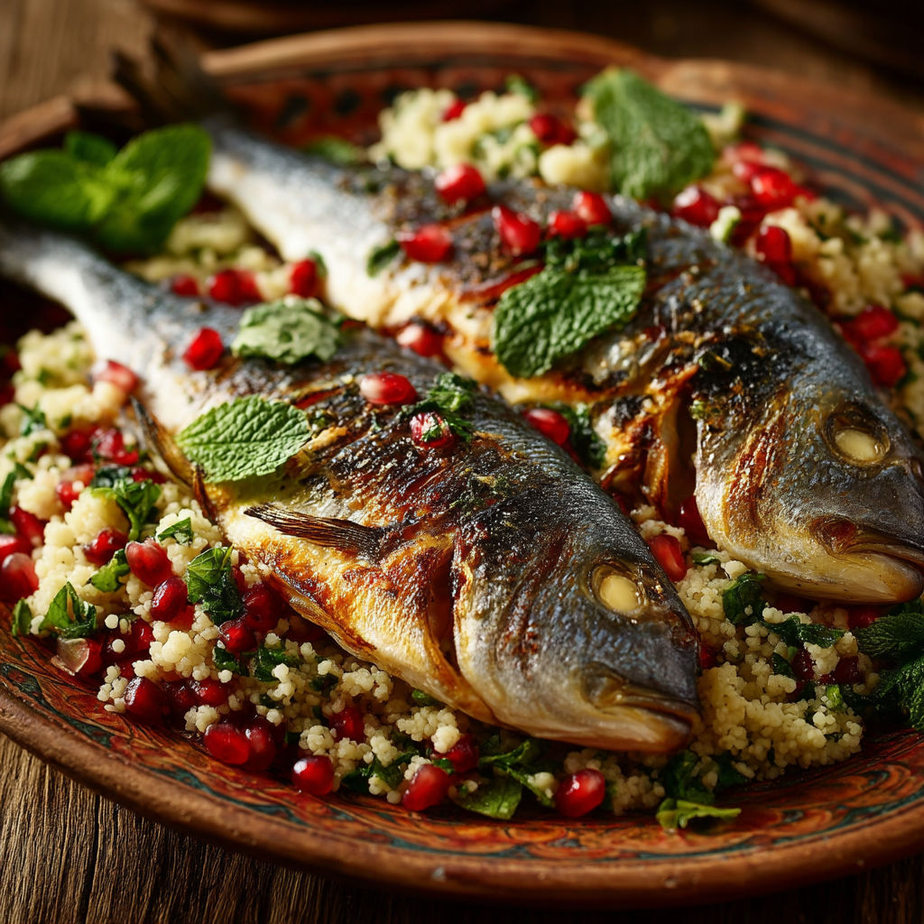 Une dorade grise est servie avec du boulgour et des grenades.