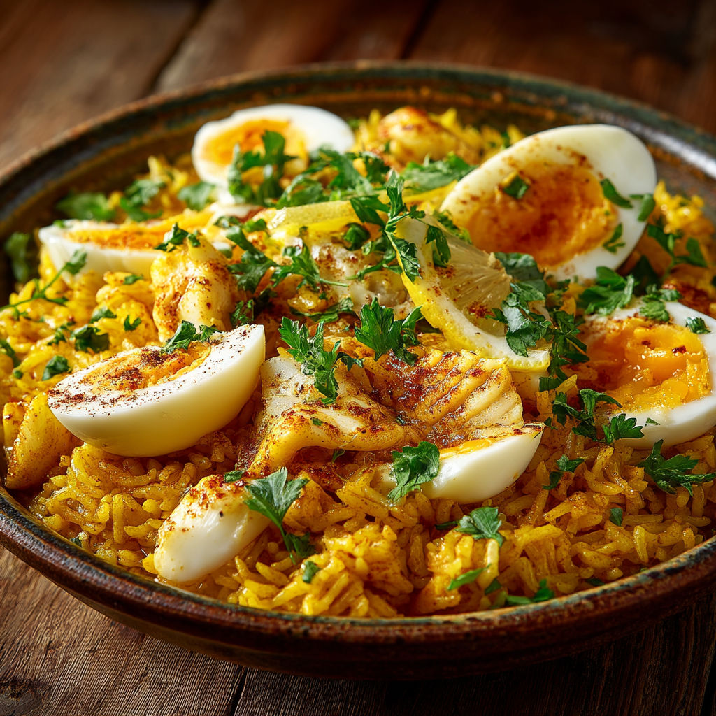 Une recette de kedgeree avec des œufs, du riz et du haddock.