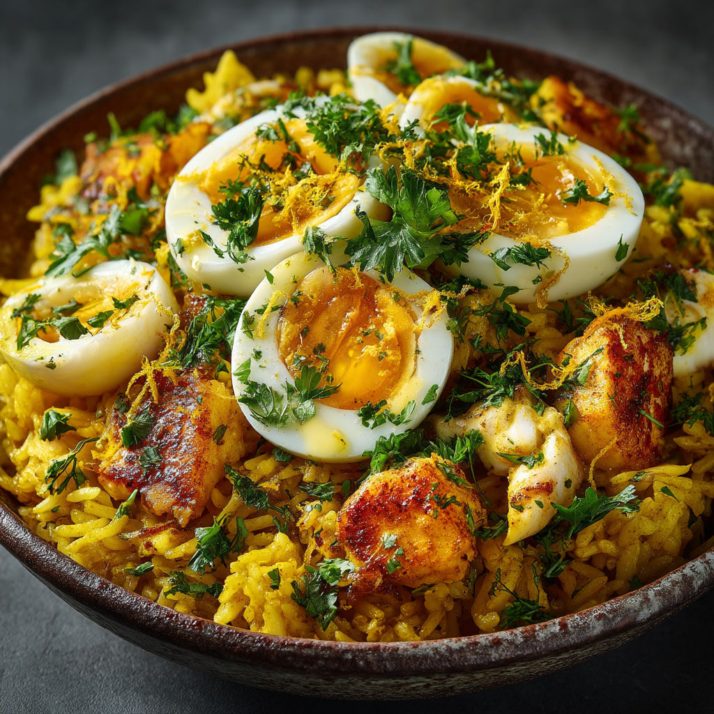 Un plat de riz avec des oeufs et des herbes.