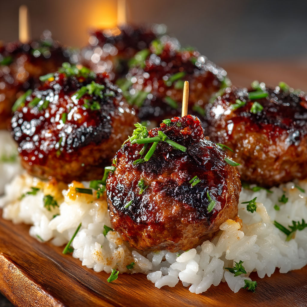 Des bâtonnets de viande grillée sur du riz.