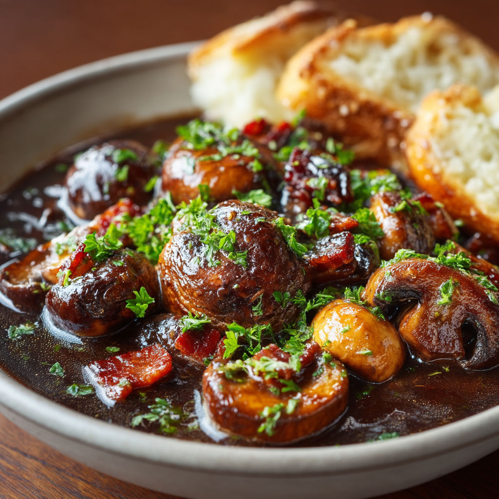 Une assiette de bouillon avec des champignons et du pain.