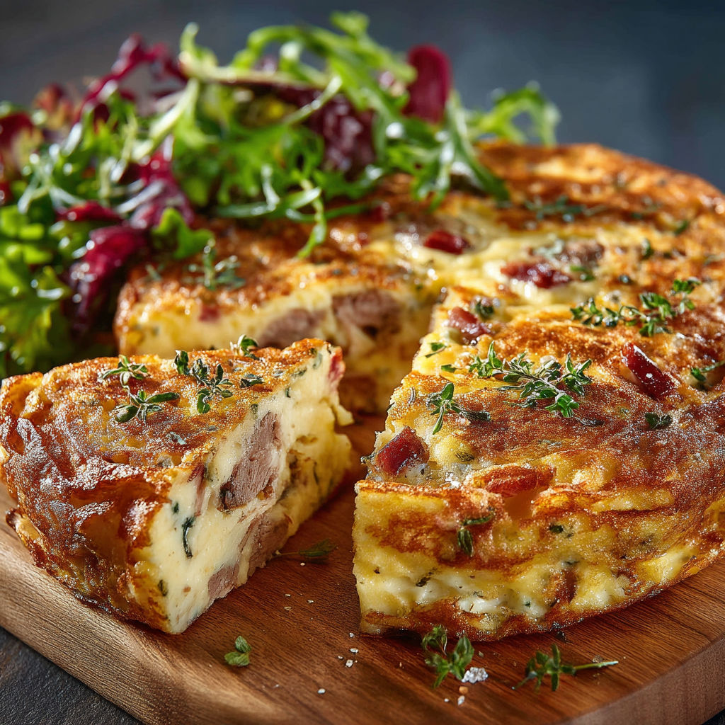 Une tranche de quiche sur une planche de bois.