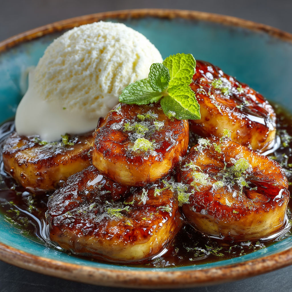 Une assiette de bananes flambées avec une glace.