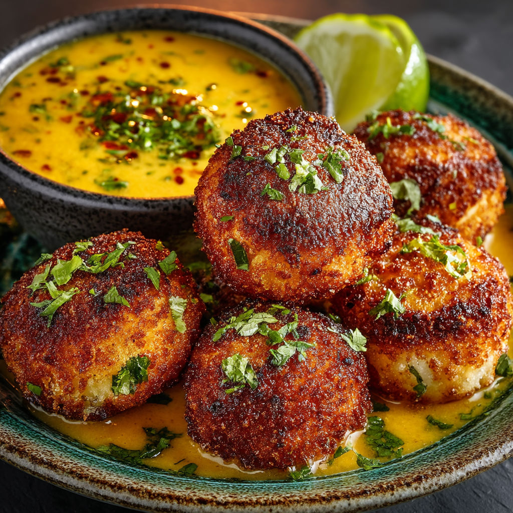 Une assiette de crevettes frites avec une sauce.