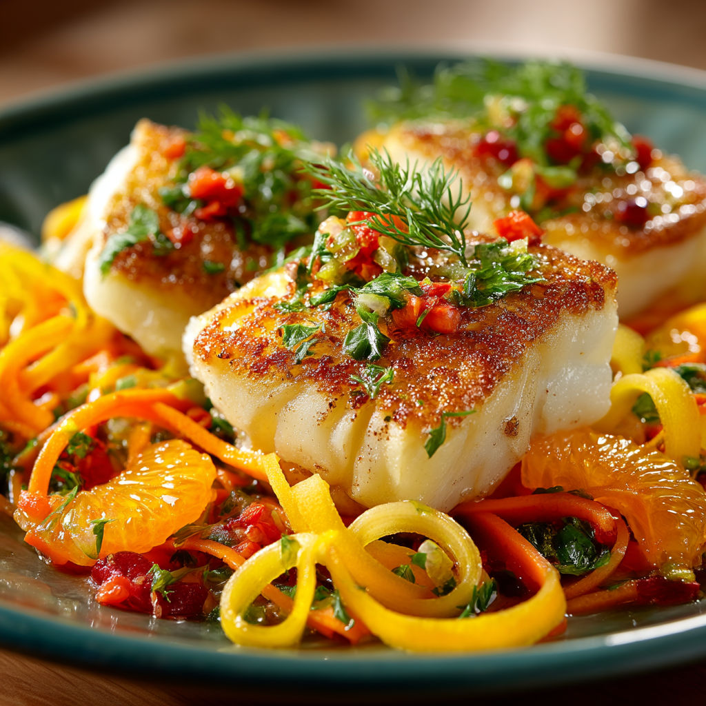 Un plat de poisson avec des légumes et des carottes.