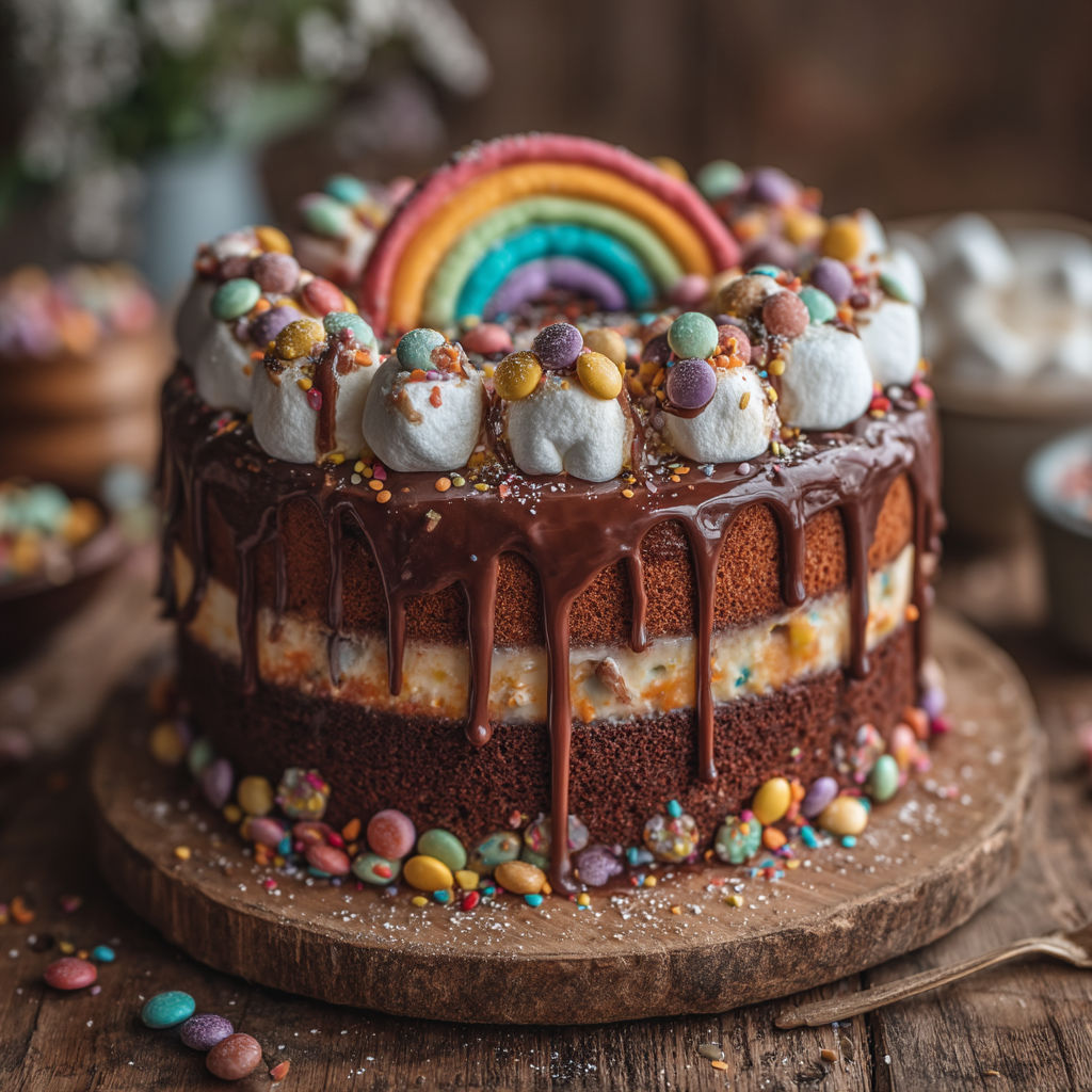 Une cake coloré avec des fruits colorés et des chocolats.