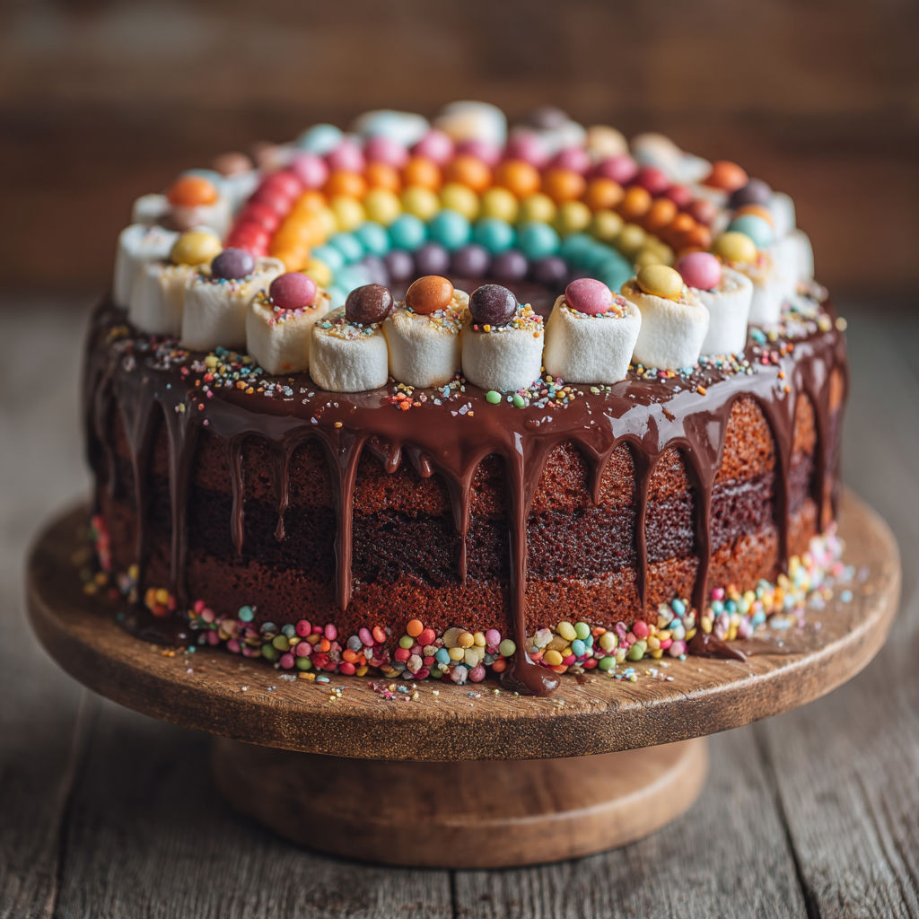Un gâteau coloré avec des marshmallows et des chocolats.