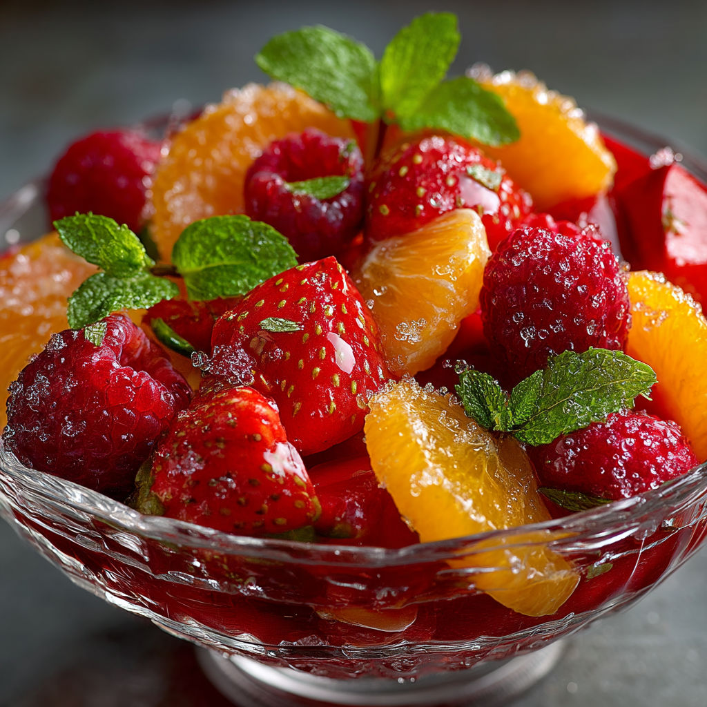 Salade de fraises, framboises, oranges et pomme.