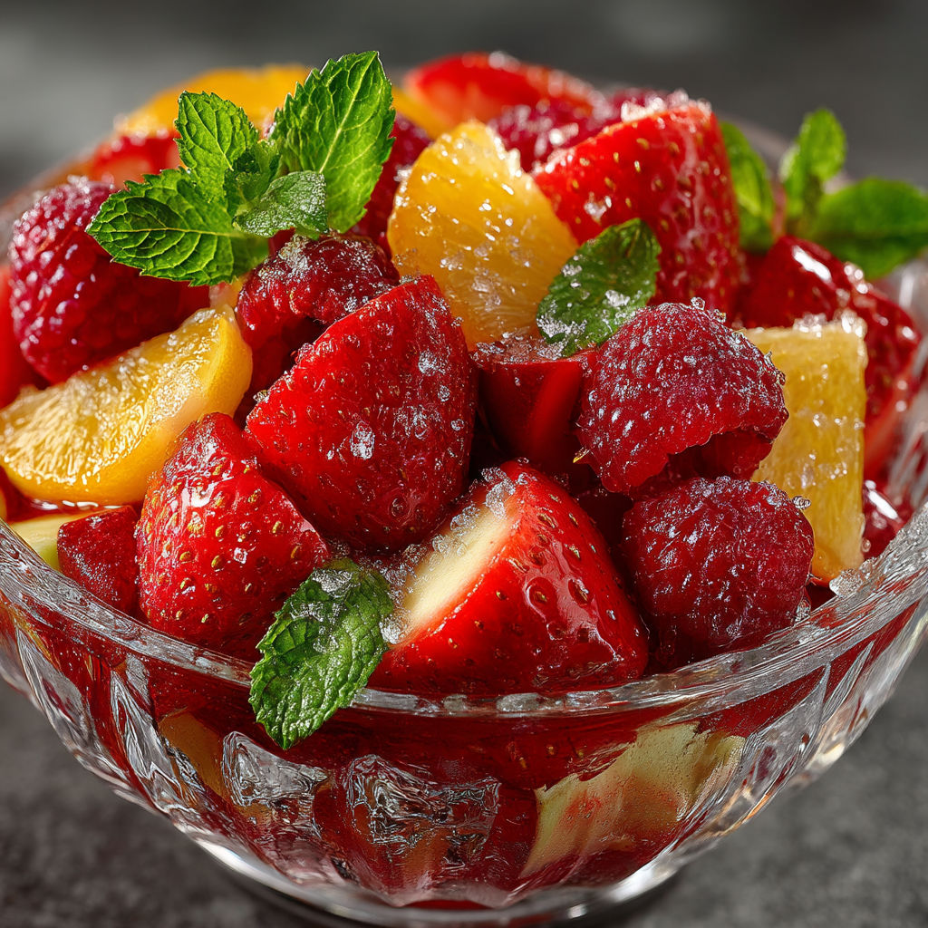 Salade de fraises, framboises, oranges et pomme.