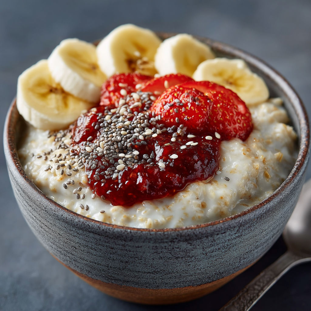 Un bol de céréales avec des bananas, des fraises et des baies.