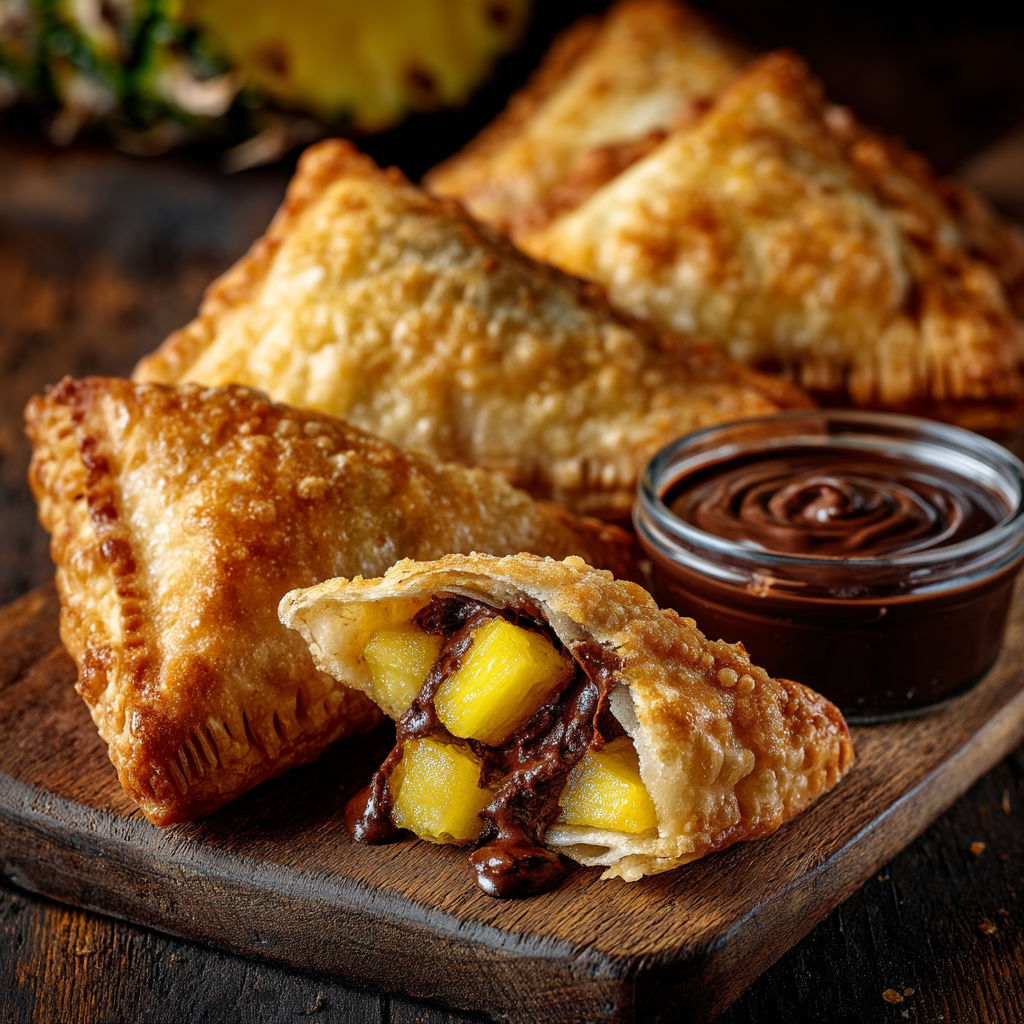 Une plaque de bois avec des samoussas choco ananas.
