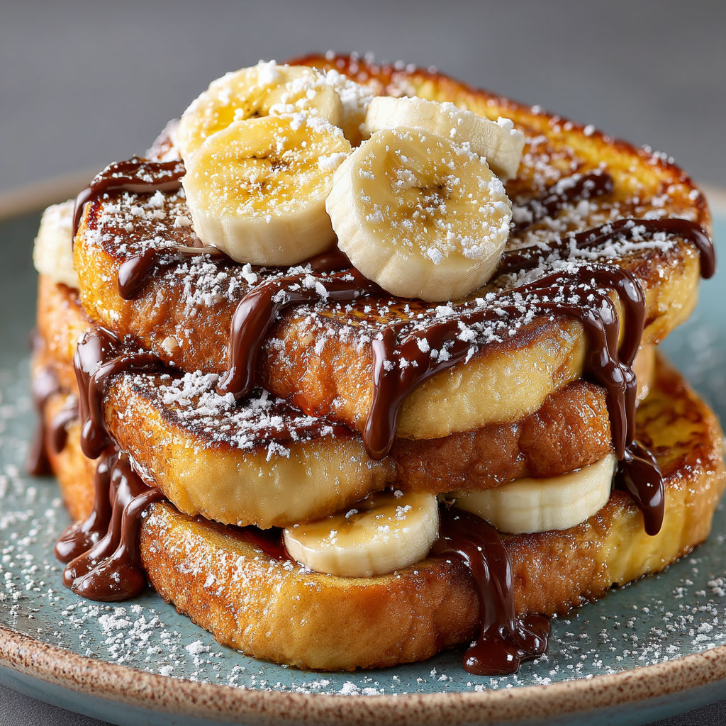 Une pile de crêpes saupoudrée de chocolat et de bananes.